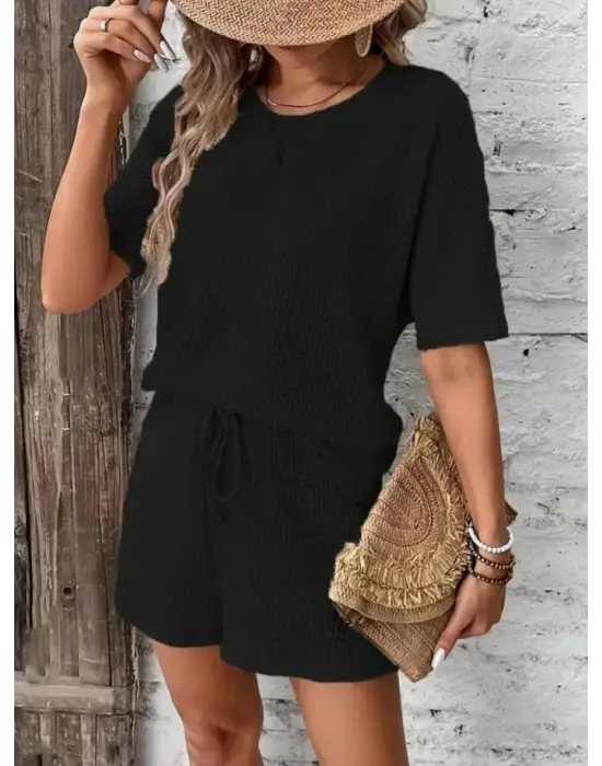 Kadın Kısa Kollu Bisiklet Yaka Alt Ve üst Waffle Ikili Takım