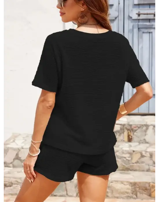 Kadın Kısa Kollu Bisiklet Yaka Alt Ve üst Waffle Ikili Takım