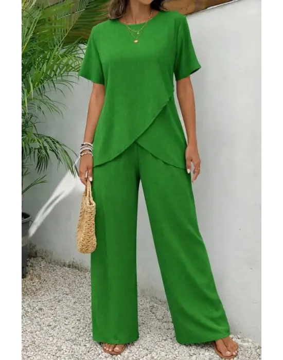 Kadın Kısa Kollu Bisiklet Yaka Asimetrik Kesim Detaylı Bürümcük Bluz Ve Pantolon Ikili Takım