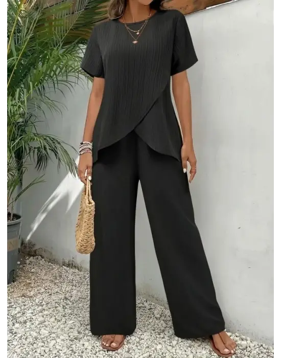 Kadın Kısa Kollu Bisiklet Yaka Asimetrik Kesim Detaylı Bürümcük Bluz Ve Pantolon Ikili Takım