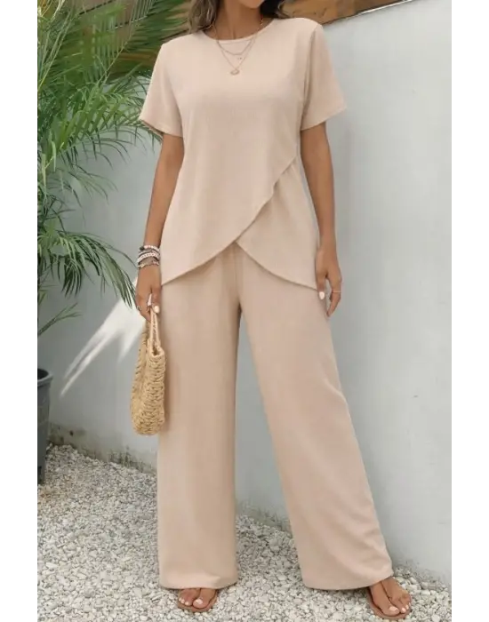 Kadın Kısa Kollu Bisiklet Yaka Asimetrik Kesim Detaylı Bürümcük Bluz Ve Pantolon Ikili Takım
