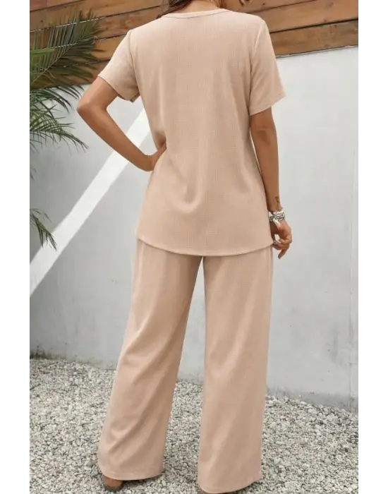 Kadın Kısa Kollu Bisiklet Yaka Asimetrik Kesim Detaylı Bürümcük Bluz Ve Pantolon Ikili Takım