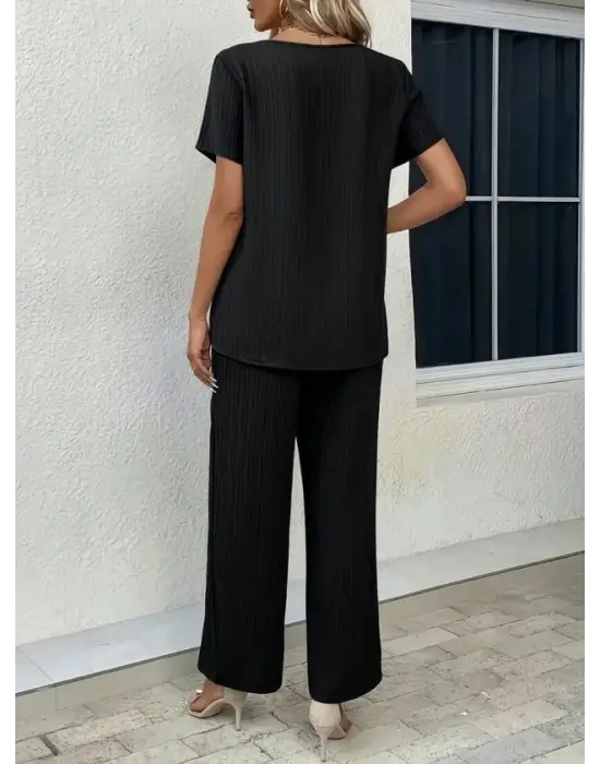 Kadın Kısa Kollu Bisiklet Yaka Asimetrik Kesim Detaylı Bürümcük Bluz Ve Pantolon Ikili Takım