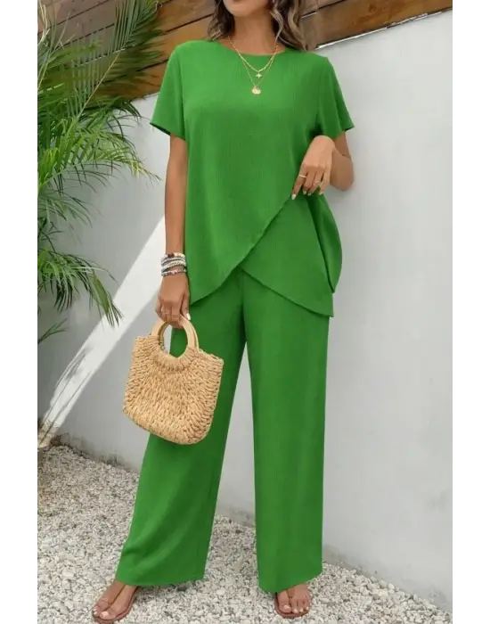 Kadın Kısa Kollu Bisiklet Yaka Asimetrik Kesim Detaylı Bürümcük Bluz Ve Pantolon Ikili Takım