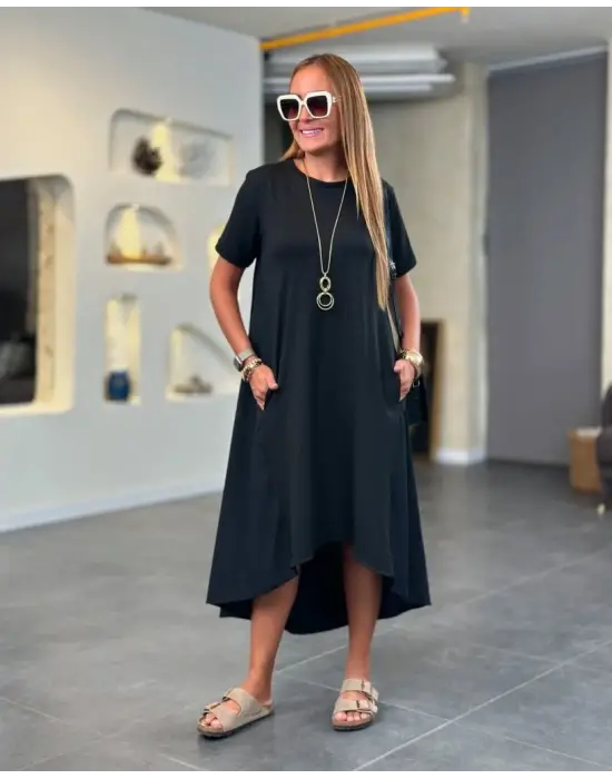 Kadın Kısa Kollu Bisiklet Yaka Asimetrik Kesim ön Viskon Arkası Trikoton Elbise