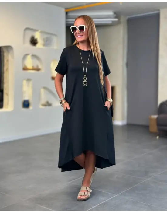 Kadın Kısa Kollu Bisiklet Yaka Asimetrik Kesim ön Viskon Arkası Trikoton Elbise