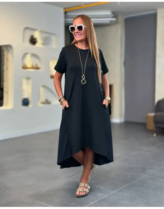 Kadın Kısa Kollu Bisiklet Yaka Asimetrik Kesim ön Viskon Arkası Trikoton Elbise