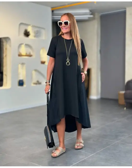 Kadın Kısa Kollu Bisiklet Yaka Asimetrik Kesim ön Viskon Arkası Trikoton Elbise