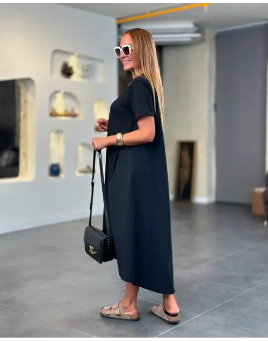 Kadın Kısa Kollu Bisiklet Yaka Asimetrik Kesim ön Viskon Arkası Trikoton Elbise