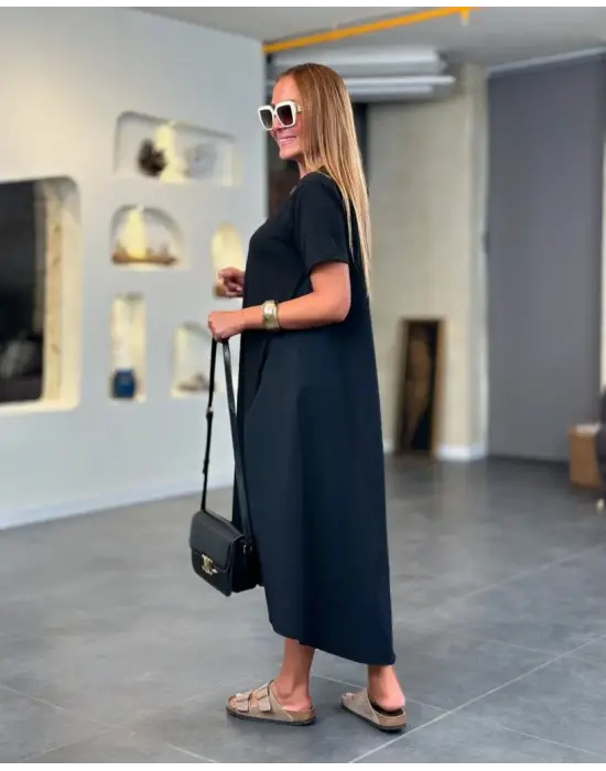 Kadın Kısa Kollu Bisiklet Yaka Asimetrik Kesim ön Viskon Arkası Trikoton Elbise