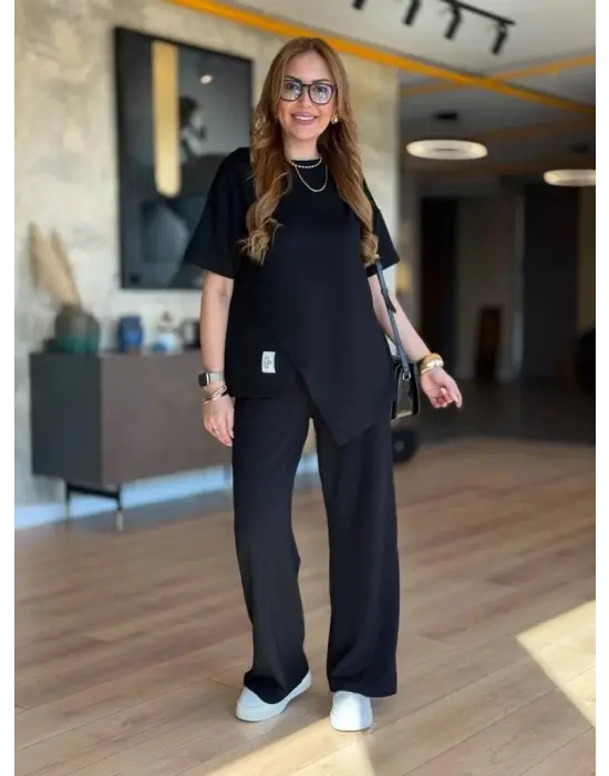 Kadın Kısa Kollu Bisiklet Yaka Asimetrik Viskon Iki Iplik Bluz Ve Pantolon Ikili Takım