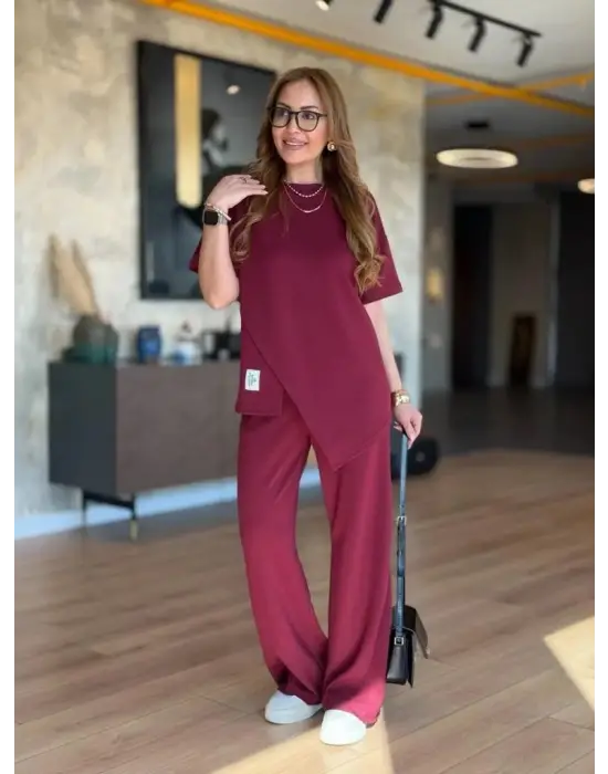 Kadın Kısa Kollu Bisiklet Yaka Asimetrik Viskon Iki Iplik Bluz Ve Pantolon Ikili Takım