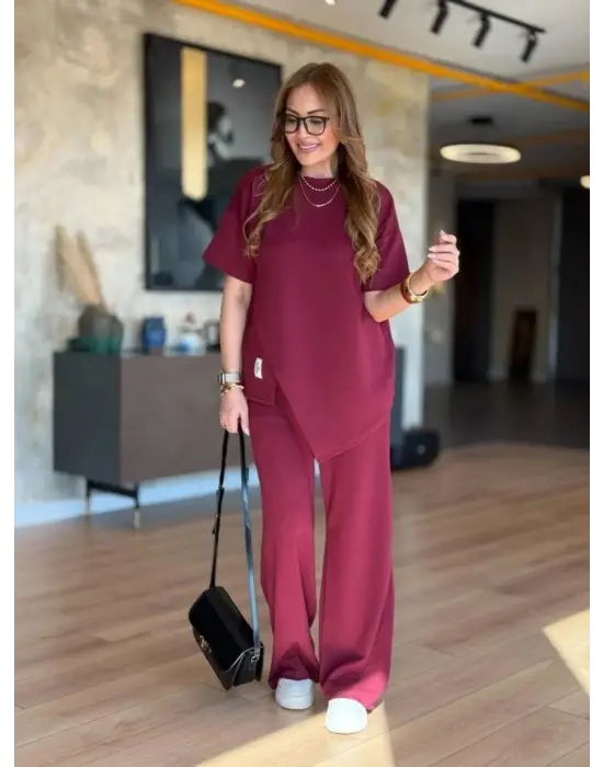 Kadın Kısa Kollu Bisiklet Yaka Asimetrik Viskon Iki Iplik Bluz Ve Pantolon Ikili Takım