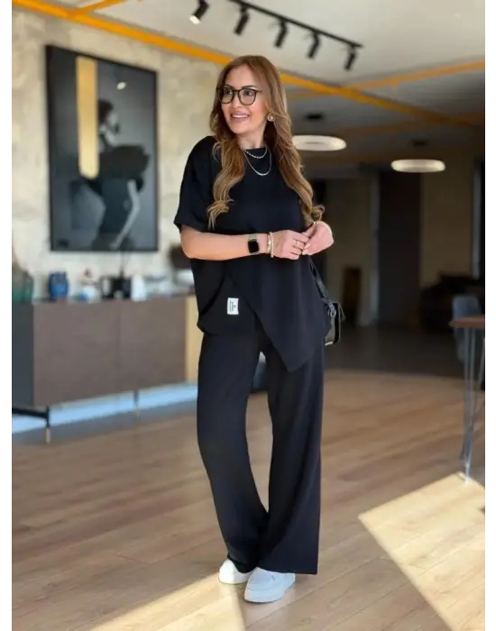 Kadın Kısa Kollu Bisiklet Yaka Asimetrik Viskon Iki Iplik Bluz Ve Pantolon Ikili Takım