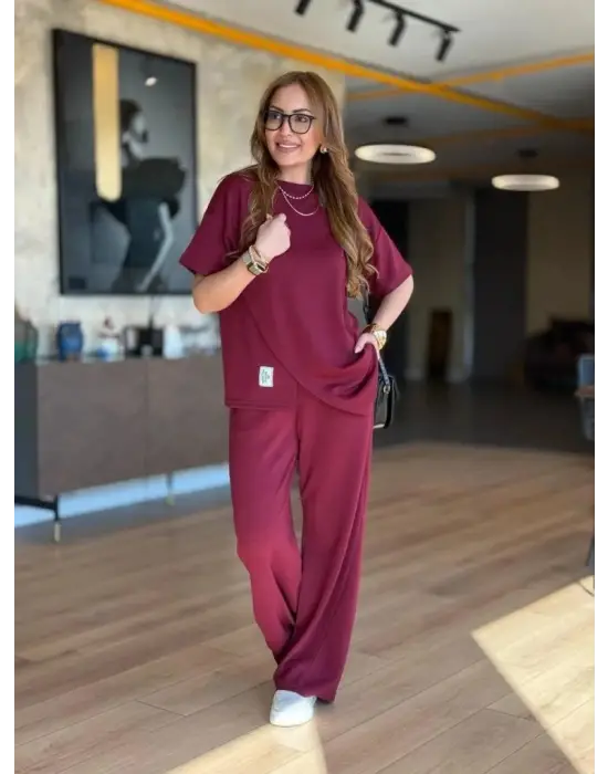 Kadın Kısa Kollu Bisiklet Yaka Asimetrik Viskon Iki Iplik Bluz Ve Pantolon Ikili Takım