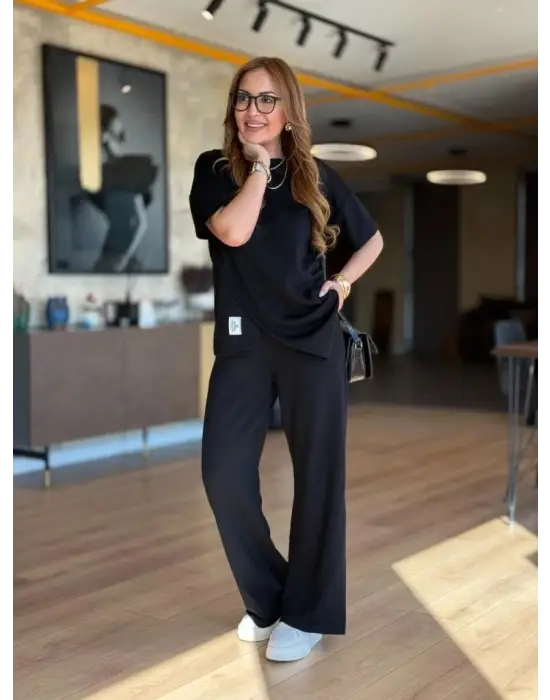 Kadın Kısa Kollu Bisiklet Yaka Asimetrik Viskon Iki Iplik Bluz Ve Pantolon Ikili Takım