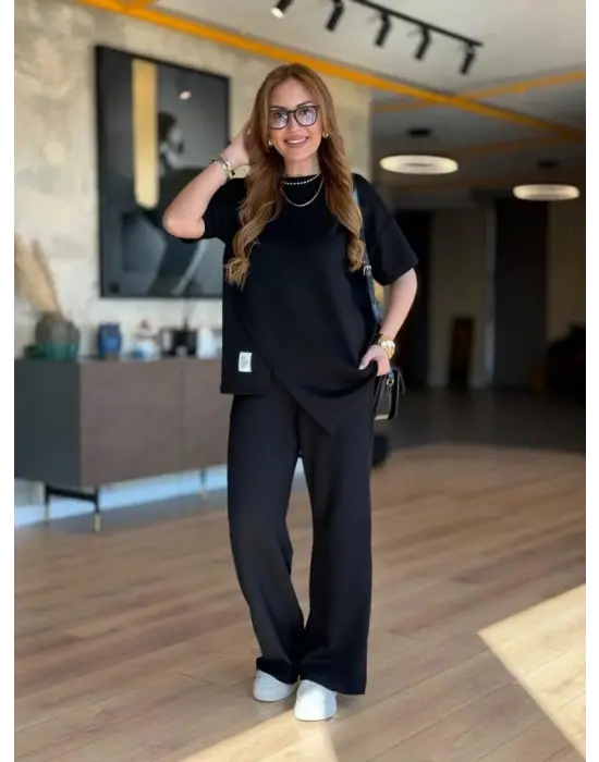 Kadın Kısa Kollu Bisiklet Yaka Asimetrik Viskon Iki Iplik Bluz Ve Pantolon Ikili Takım