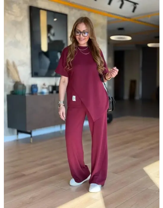 Kadın Kısa Kollu Bisiklet Yaka Asimetrik Viskon Iki Iplik Bluz Ve Pantolon Ikili Takım