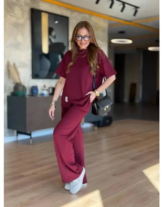 Kadın Kısa Kollu Bisiklet Yaka Asimetrik Viskon Iki Iplik Bluz Ve Pantolon Ikili Takım