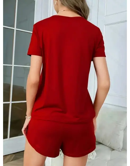 Kadın Kısa Kollu Bisiklet Yaka Baskılı Viskon Bluz Ve şort Ikili Takım