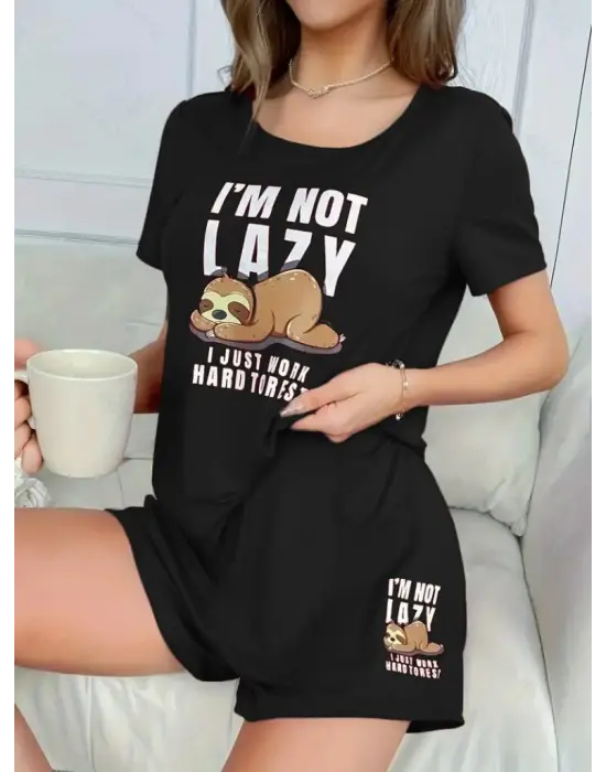 Kadın Kısa Kollu Bisiklet Yaka Baskılı Viskon Bluz Ve şort Ikili Takım