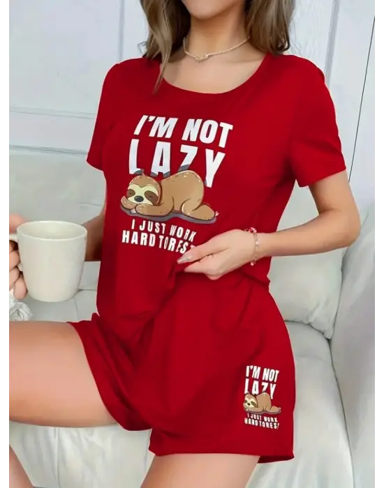 Kadın Kısa Kollu Bisiklet Yaka Baskılı Viskon Bluz Ve şort Ikili Takım