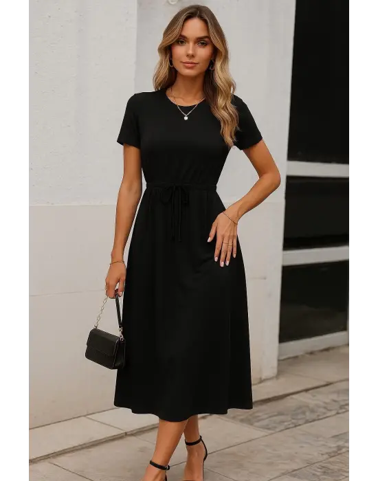 Omarı Belden Bağlamalı Maksi Boy Elbise