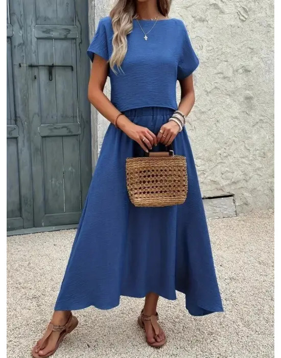 Kadın Kısa Kollu Bisiklet Yaka Bluz Etekli Ithal Keten Ikili Takım