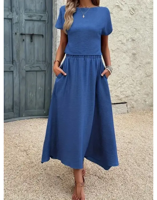 Kadın Kısa Kollu Bisiklet Yaka Bluz Etekli Ithal Keten Ikili Takım