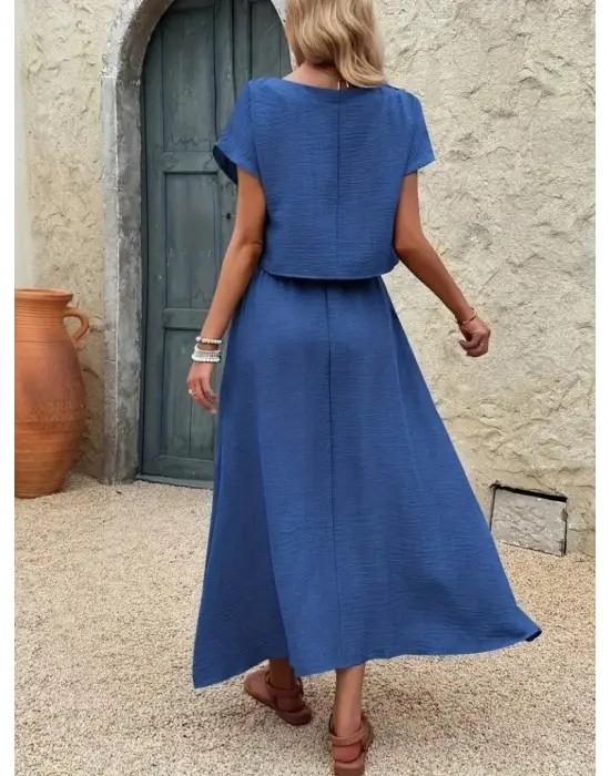 Kadın Kısa Kollu Bisiklet Yaka Bluz Etekli Ithal Keten Ikili Takım