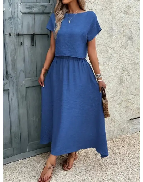 Kadın Kısa Kollu Bisiklet Yaka Bluz Etekli Ithal Keten Ikili Takım