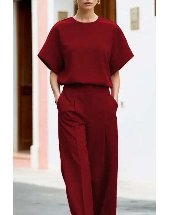 Kadın Kısa Kollu Bisiklet Yaka Bluz Yüksek Bel Cep Detaylı Pantolon Atlas Ikili Takım