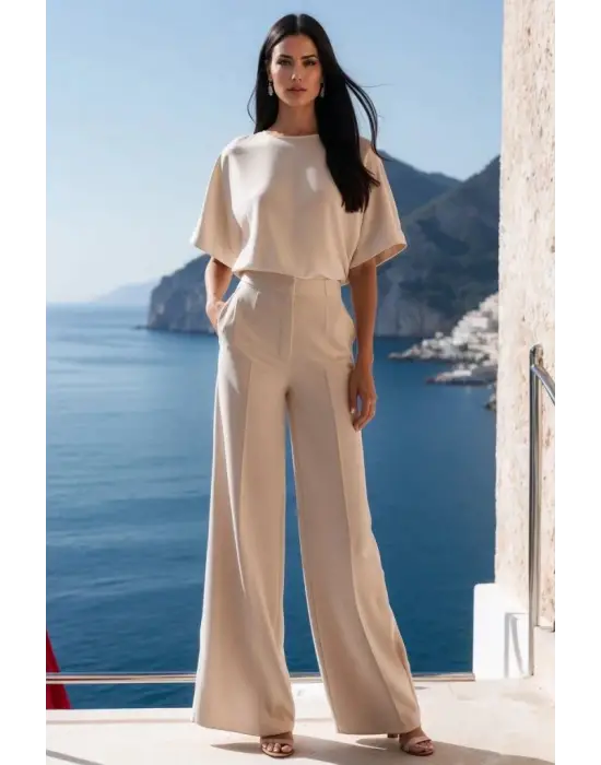 Kadın Kısa Kollu Bisiklet Yaka Bluz Yüksek Bel Cep Detaylı Pantolon Atlas Ikili Takım