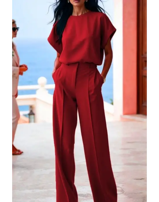 Kadın Kısa Kollu Bisiklet Yaka Bluz Yüksek Bel Cep Detaylı Pantolon Atlas Ikili Takım