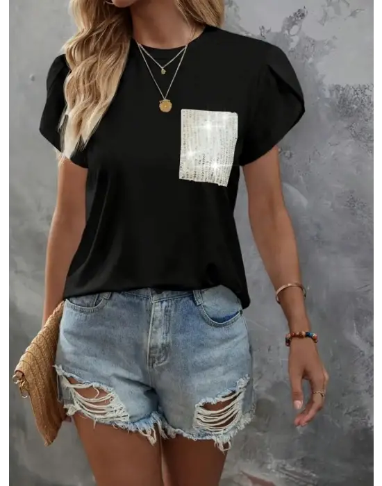 Kadın Kısa Kollu Bisiklet Yaka Cep Pul Payet Detay Viskon Bluz