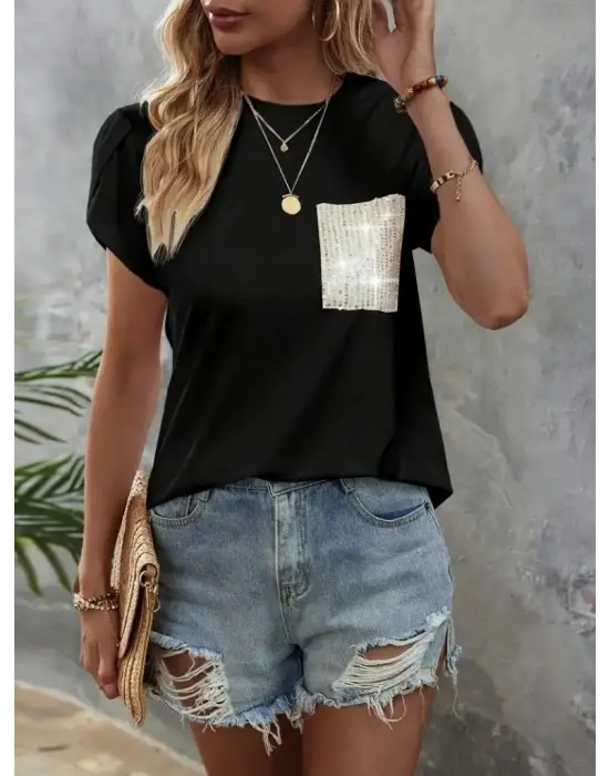 Kadın Kısa Kollu Bisiklet Yaka Cep Pul Payet Detay Viskon Bluz