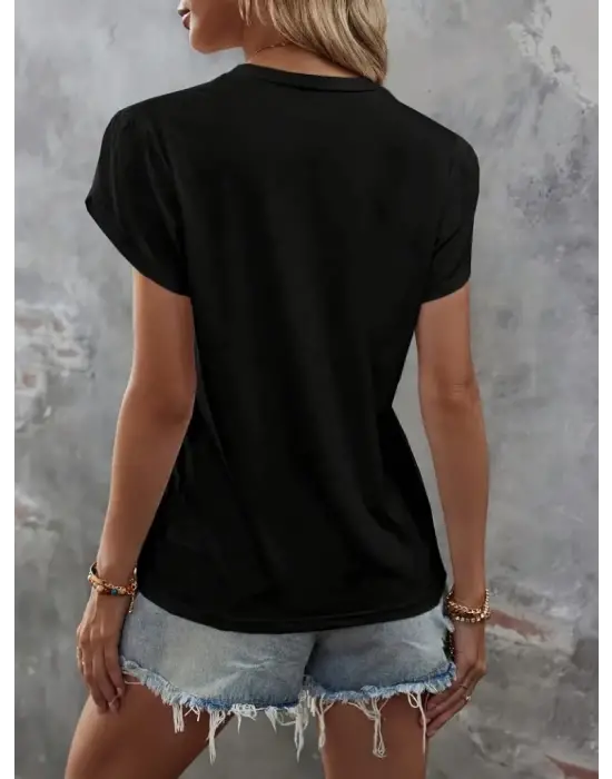 Kadın Kısa Kollu Bisiklet Yaka Cep Pul Payet Detay Viskon Bluz