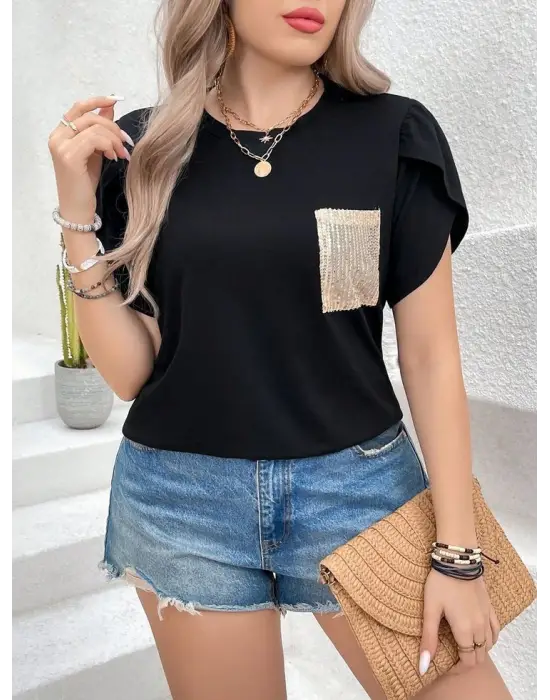 Kadın Kısa Kollu Bisiklet Yaka Cep Pul Payet Detay Viskon Bluz