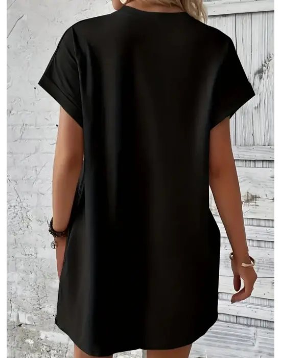 Kadın Kısa Kollu Bisiklet Yaka Cepli Kelebek Baskılı Viskon Elbise