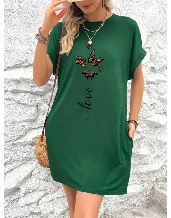 Kadın Kısa Kollu Bisiklet Yaka Cepli Kelebek Baskılı Viskon Elbise