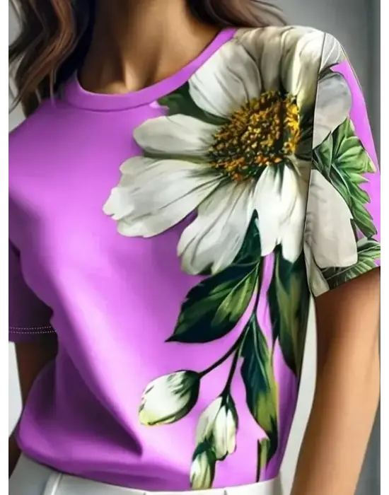 Kadın Kısa Kollu Bisiklet Yaka çiçek Baskılı Süprem Bluz