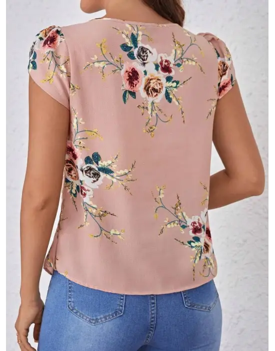 Kadın Kısa Kollu Bisiklet Yaka çiçek Baskılı Süprem Bluz