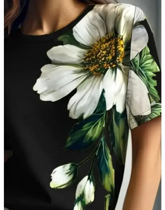 Omarı Çiçek Desenli Kadın Kısa Kollu Bluz