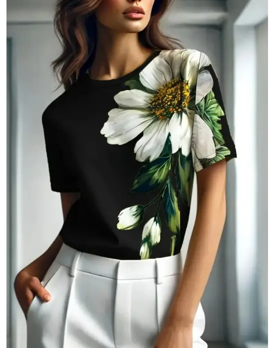 Kadın Kısa Kollu Bisiklet Yaka çiçek Baskılı Süprem Bluz