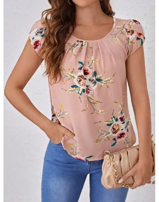 Kadın Kısa Kollu Bisiklet Yaka çiçek Baskılı Süprem Bluz