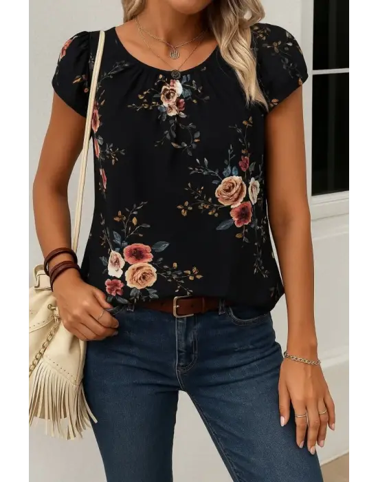 Omarı Çiçek Desenli Kadın Kısa Kollu Bluz
