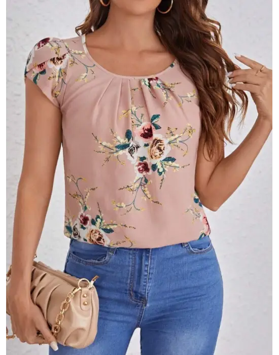 Kadın Kısa Kollu Bisiklet Yaka çiçek Baskılı Süprem Bluz