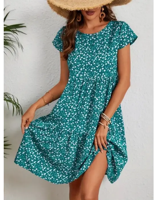 Kadın Kısa Kollu Bisiklet Yaka çiçek Desenli Süprem Elbise