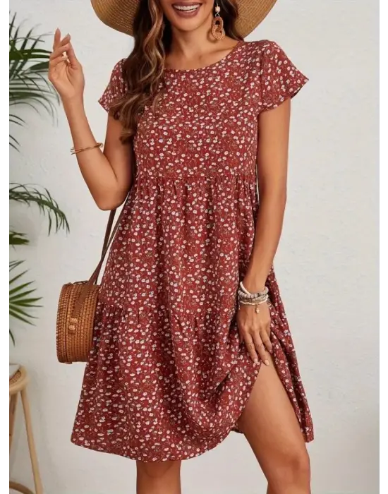 Omarı Çiçek Desenli Kadın Kısa Kollu Elbise