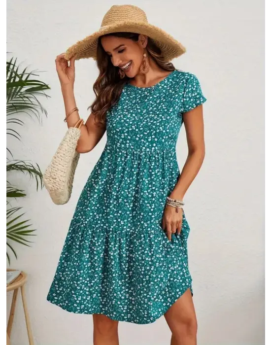 Kadın Kısa Kollu Bisiklet Yaka çiçek Desenli Süprem Elbise